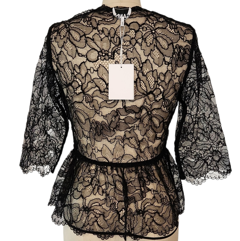 GANNI Light Floral Lace V-neck Sheer Peplum Top Black Blouse Ruffle 36 (US 4 S) - Picture 10 of 16